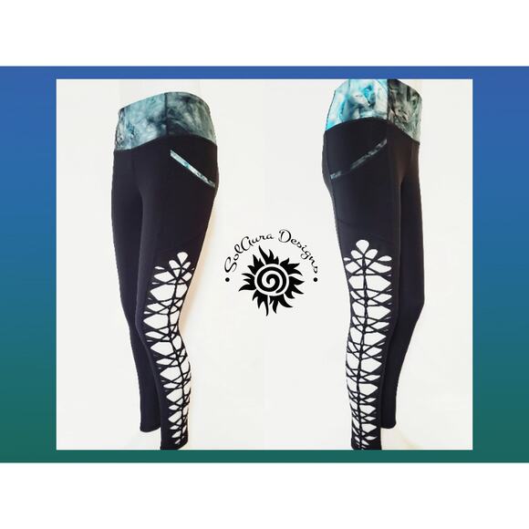 YOGINI - LARGE - Women's/ Junior Non-See Through High Waist Blue Black Tie Dyed - Picture 2 of 4